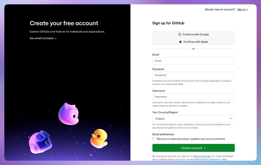 GitHub sign-up page with email, password, username, and country fields