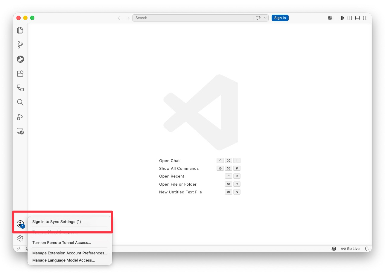 VS Code Accounts menu showing Sign in with GitHub