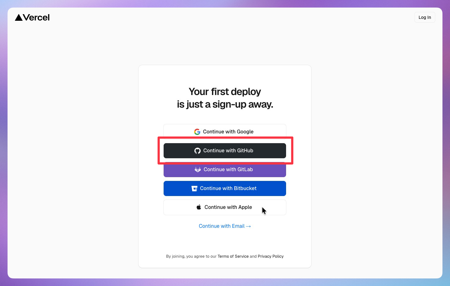 Vercel sign-up page with Continue with GitHub and other provider buttons